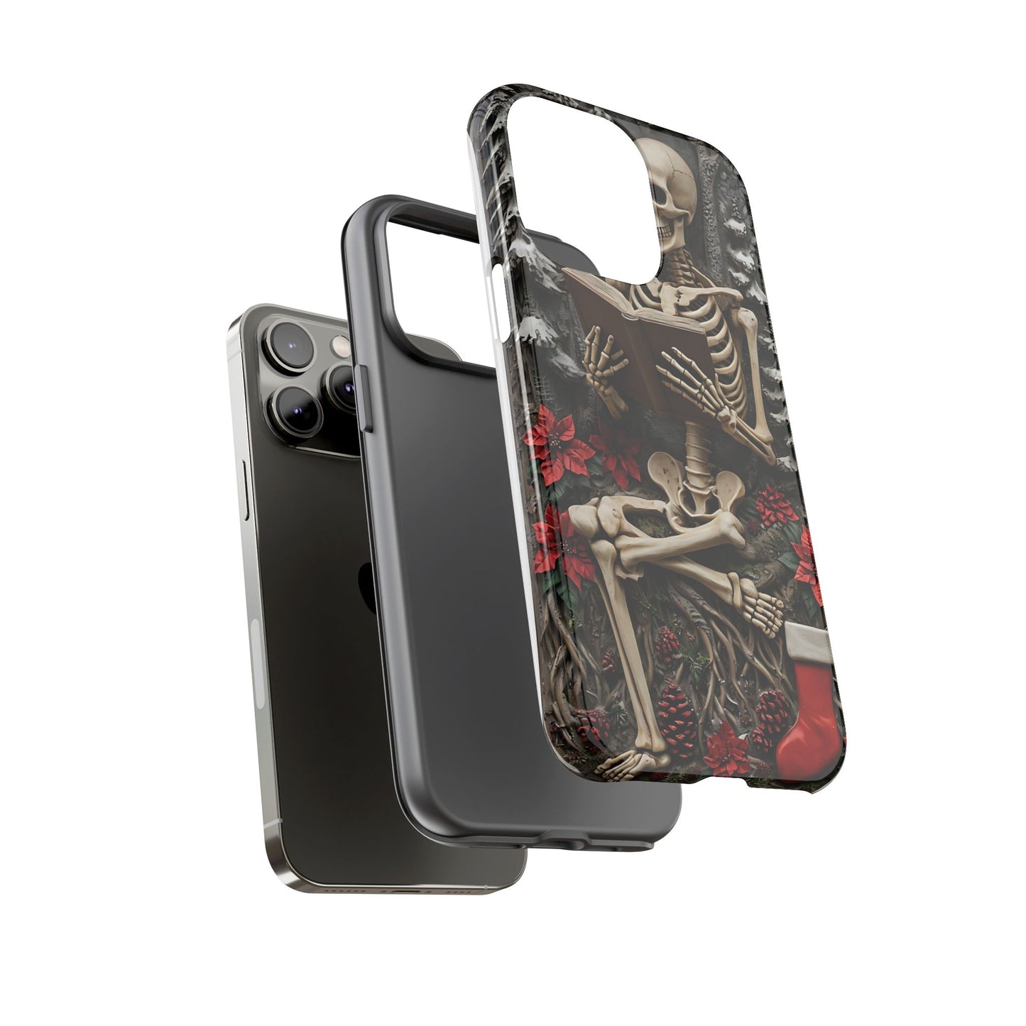 Surreal Relief Sculpture of Skeleton Reading Amidst Festive Decor phone case design