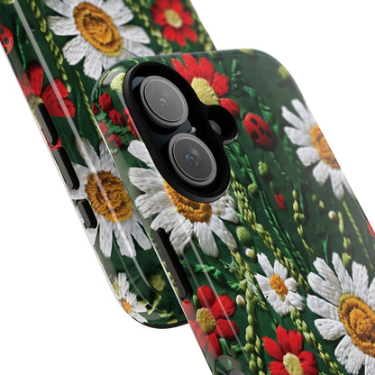 Intricate Embroidered Fabric Featuring Daisies And Ladybugs phone case design