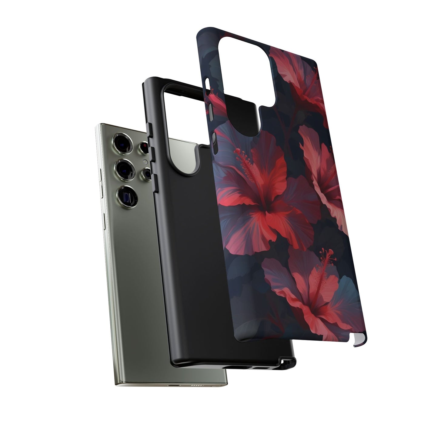Vibrant red and pink hibiscus flowers blooming against a dark background| Floral phone case design