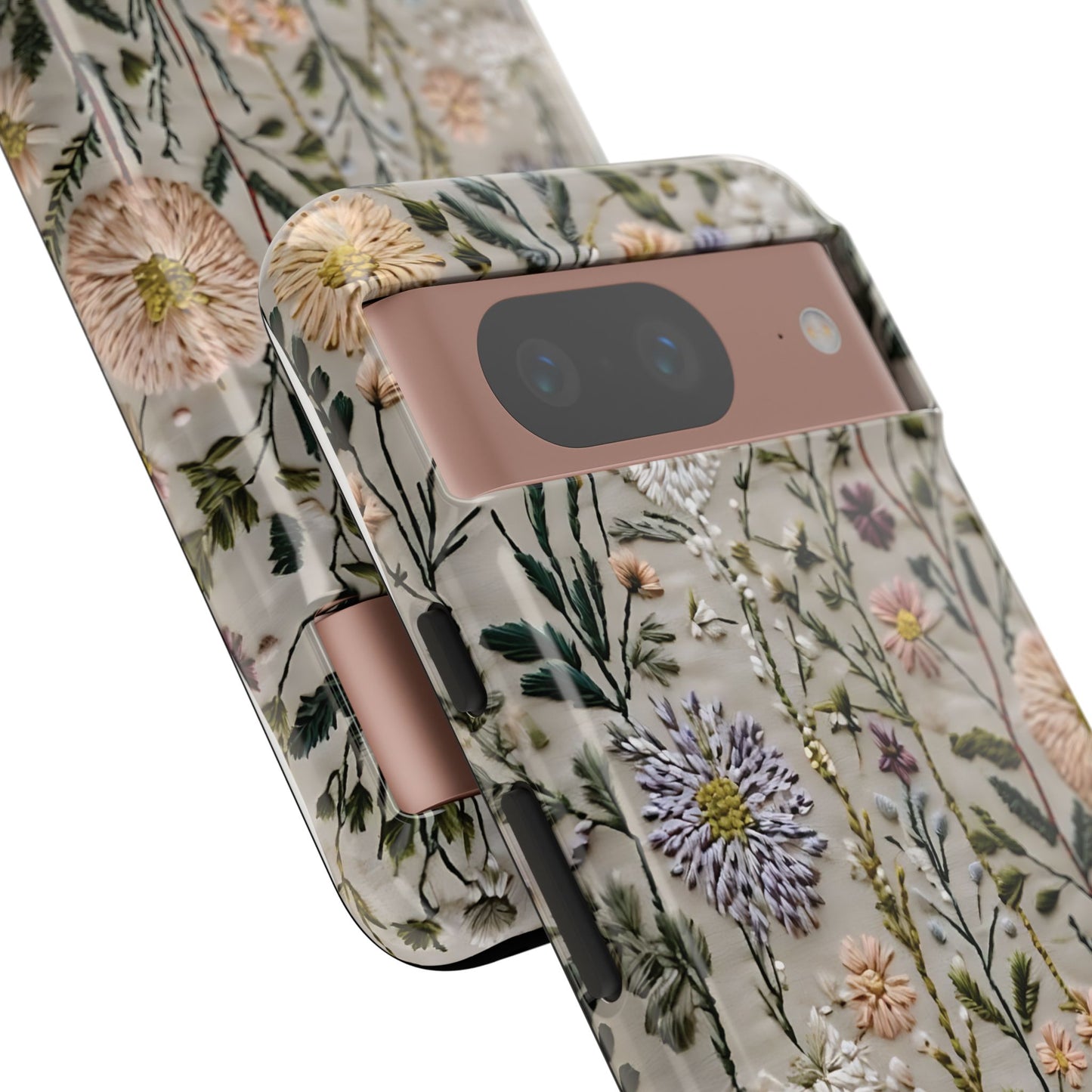 Intricate Embroidery Artwork Featuring Botanical Elements On Beige phone case design.