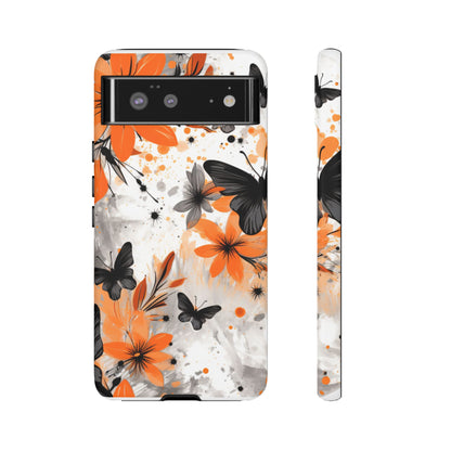 Bold Butterfly & Floral Splash Mobile Cover – Black & Orange Aesthetic