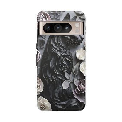 Intricate Bas-Relief Sculpture Of Black Cat Among Flowers phone case design
