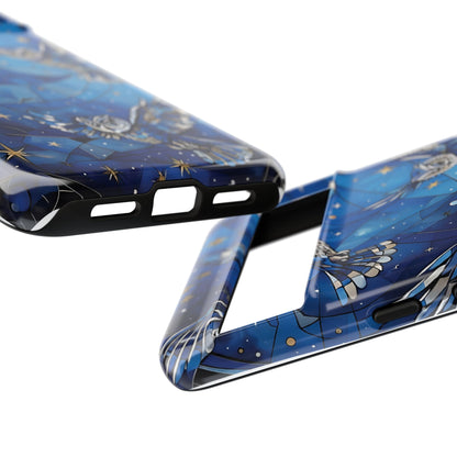 Surrealistic Owls Soaring Through A Celestial Night Sky phone case design.