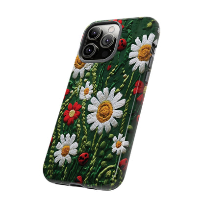 Intricate Embroidered Fabric Featuring Daisies And Ladybugs phone case design