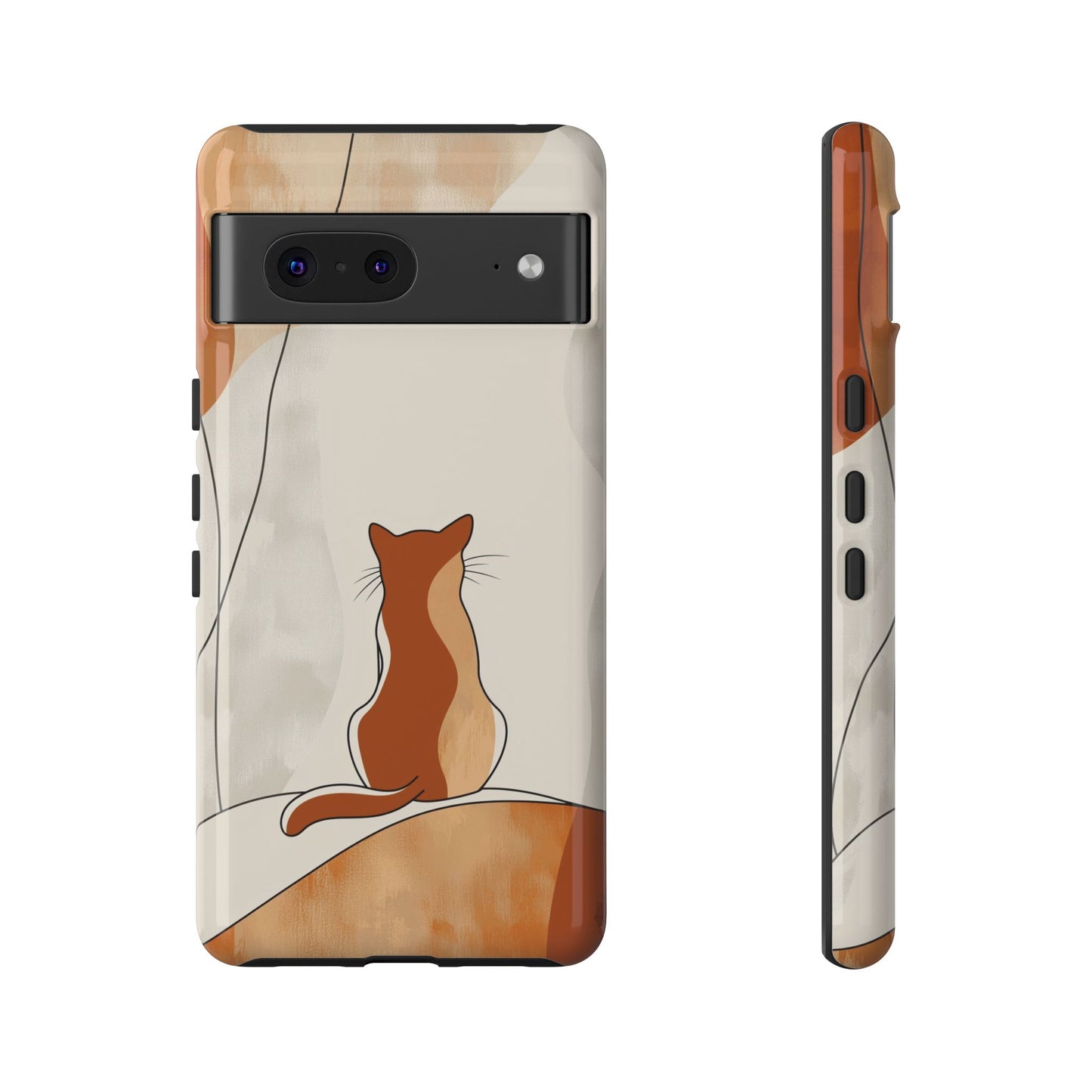 Contemplative Cat: Minimalist Sunset Phone Case for iPhone, Samsung & Pixel