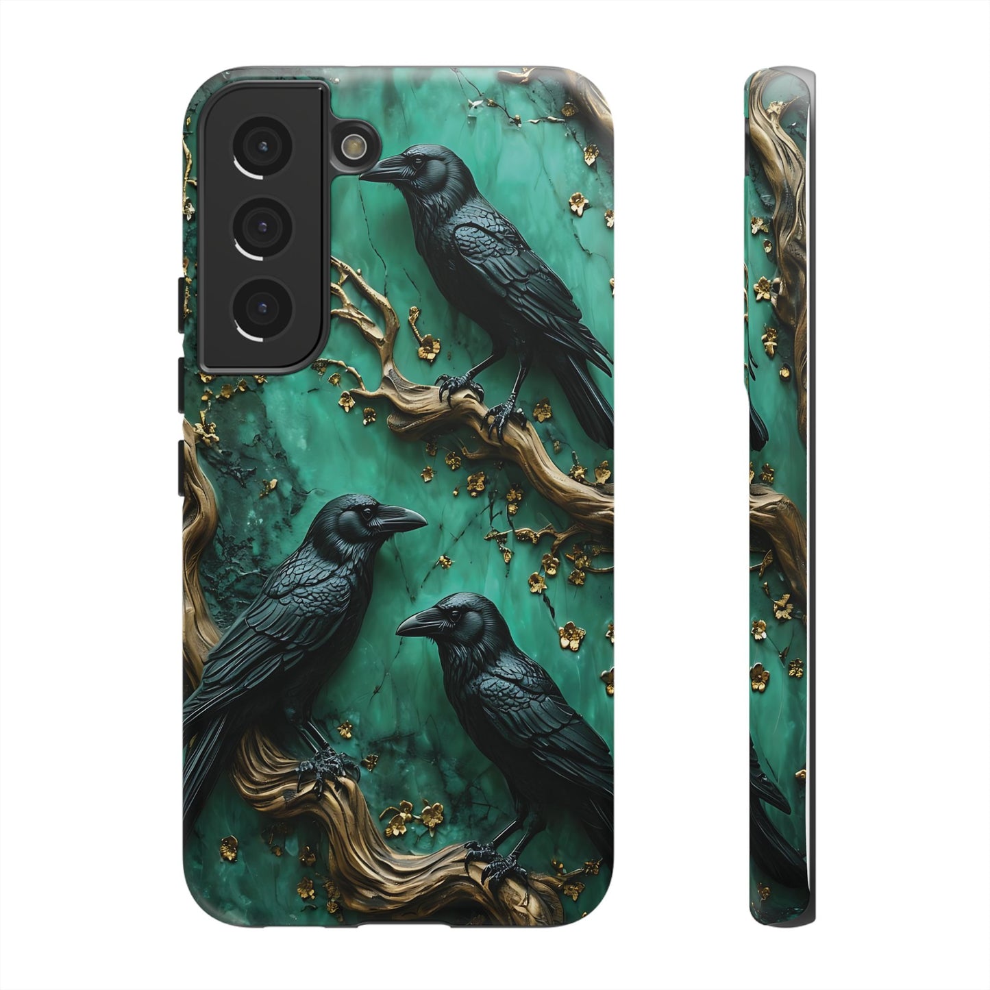 Three Black Ravens Perched On Gold-Accent Branches phone case design