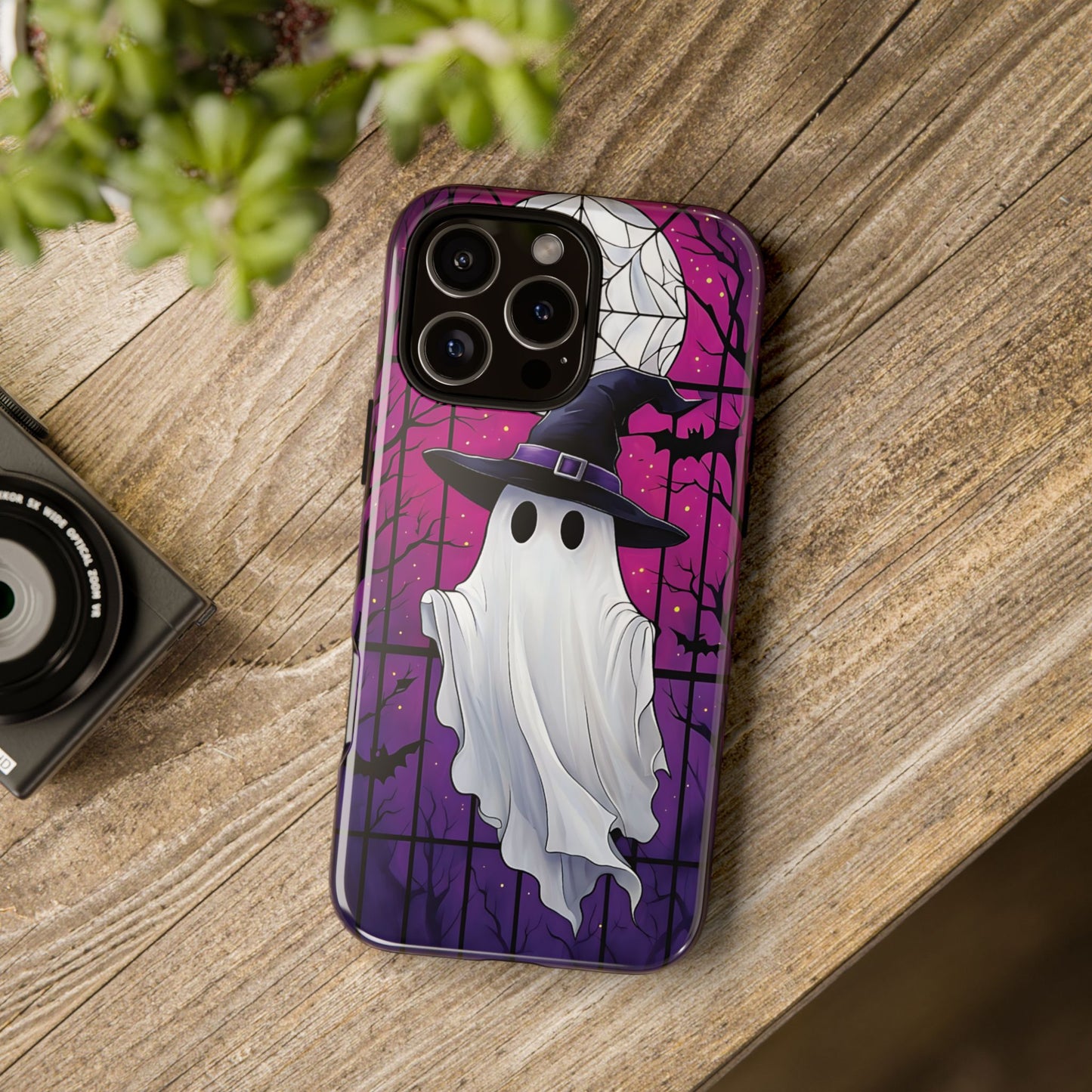 Stylized Halloween Illustration of a Ghost in Stained Glass  phone case design.
