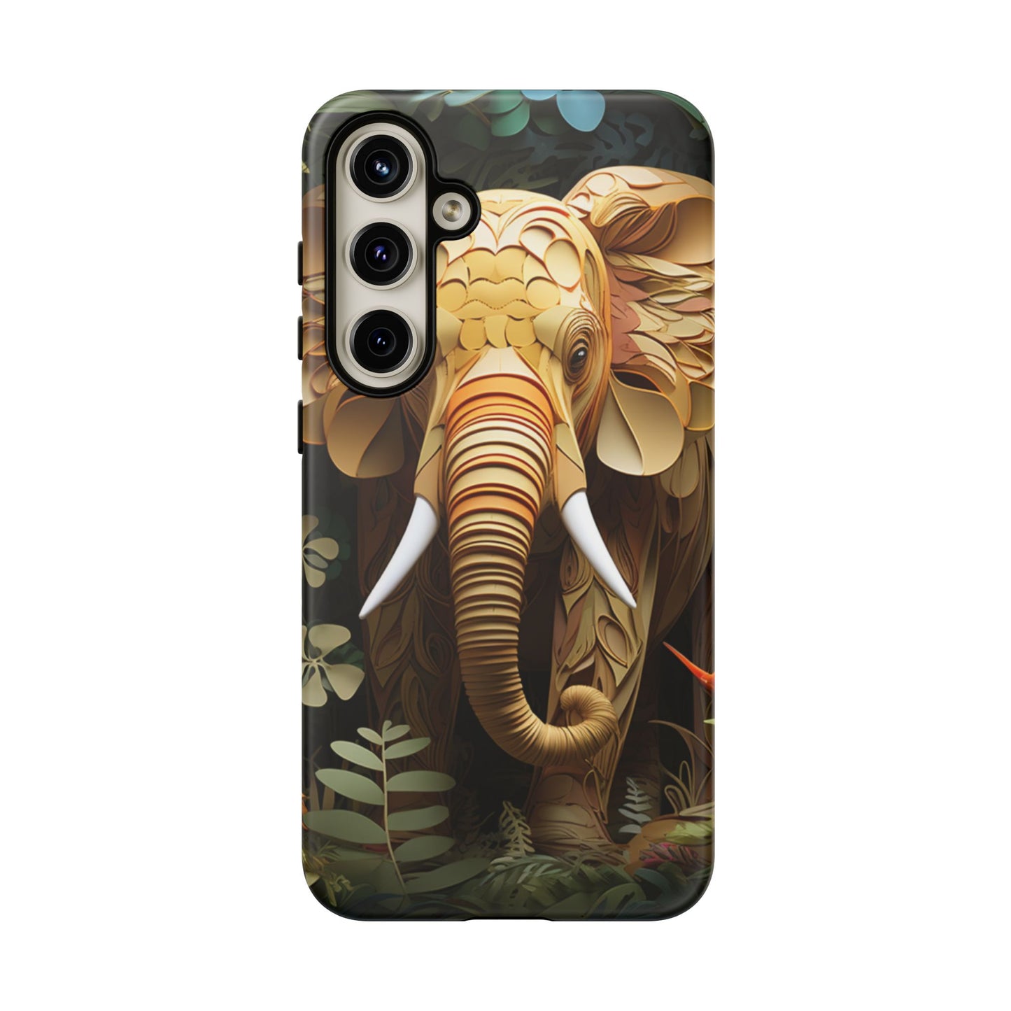 Golden Jungle Elephant Mobile Cover – Intricate Paper Art Design