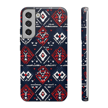 Knitted Pattern With Diamonds And Festive Motifs On Navy phone case design.