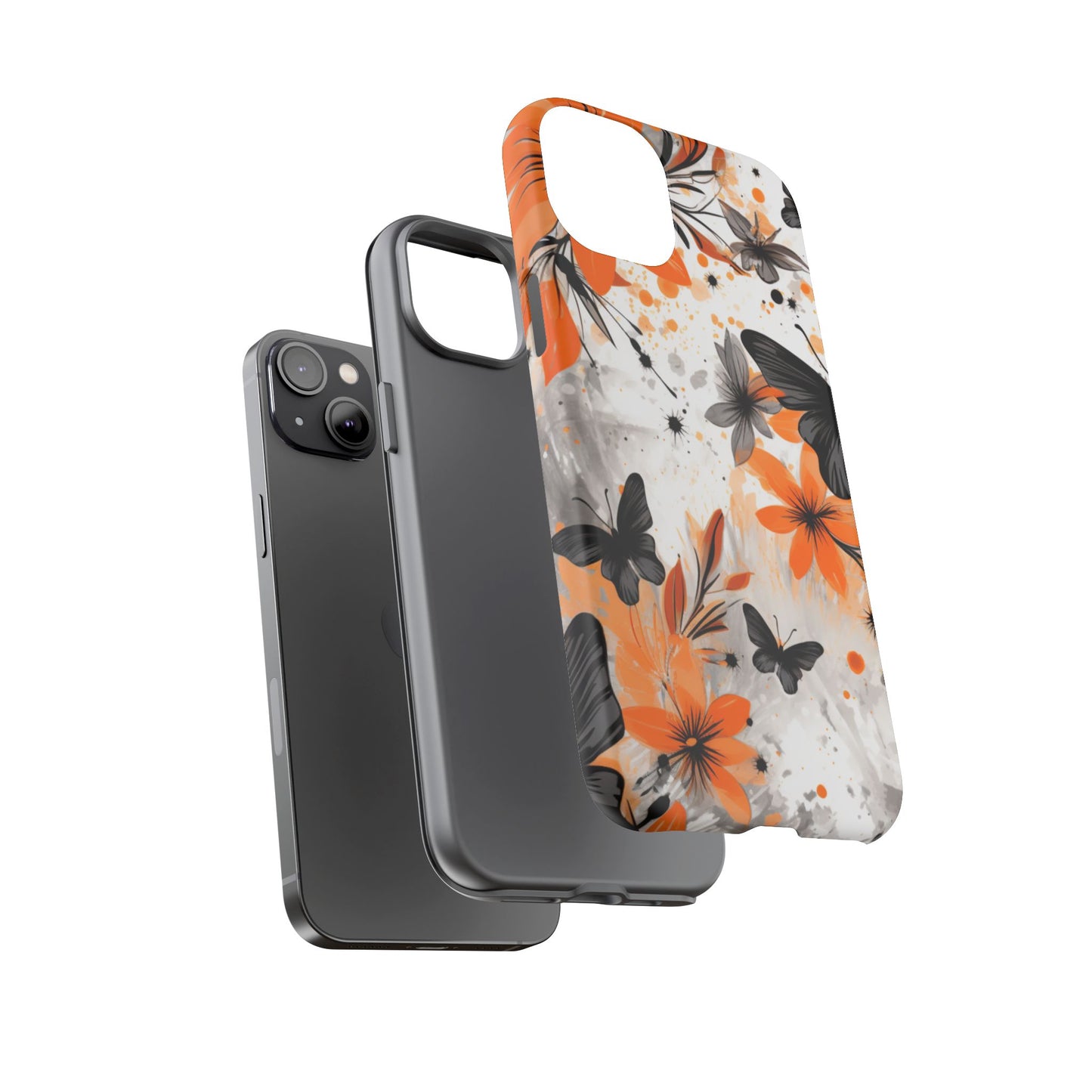 Bold Butterfly & Floral Splash Mobile Cover – Black & Orange Aesthetic