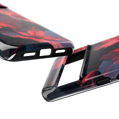 Vibrant red and pink hibiscus flowers blooming against a dark background| Floral phone case design
