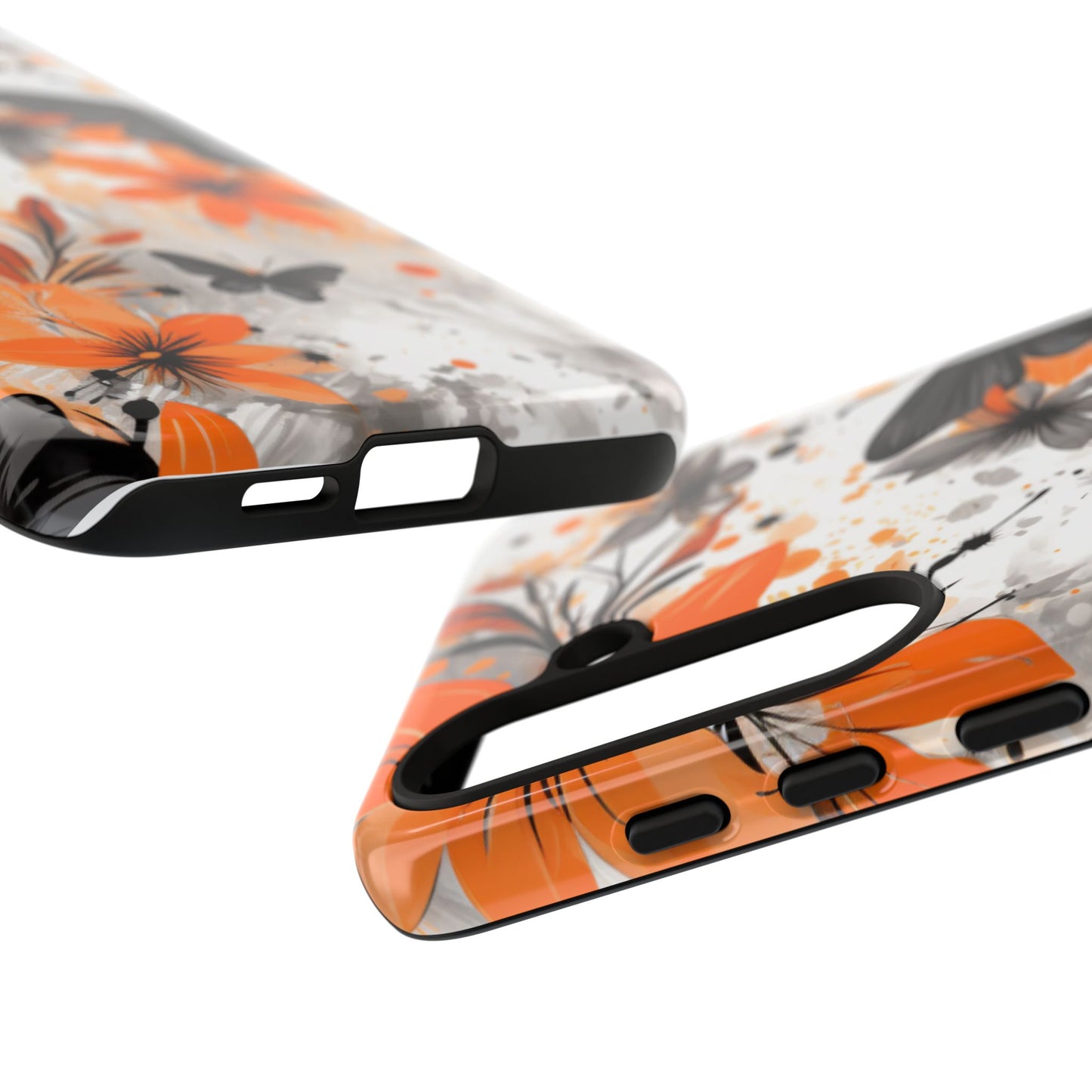 Bold Butterfly & Floral Splash Mobile Cover – Black & Orange Aesthetic