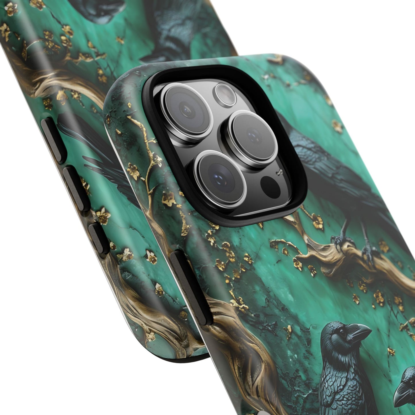 Three Black Ravens Perched On Gold-Accent Branches phone case design