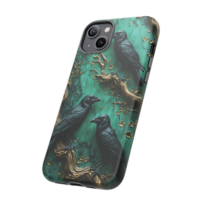 Three Black Ravens Perched On Gold-Accent Branches phone case design