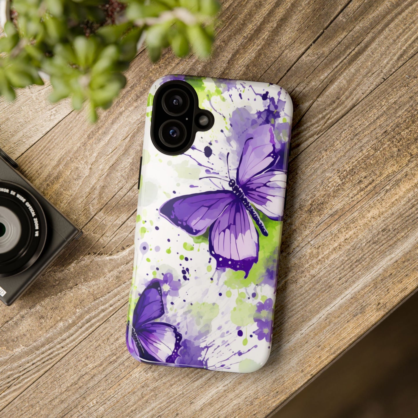 Vibrant Purple Butterfly Splash Mobile Cover – Artistic Green & Violet Aesthetic