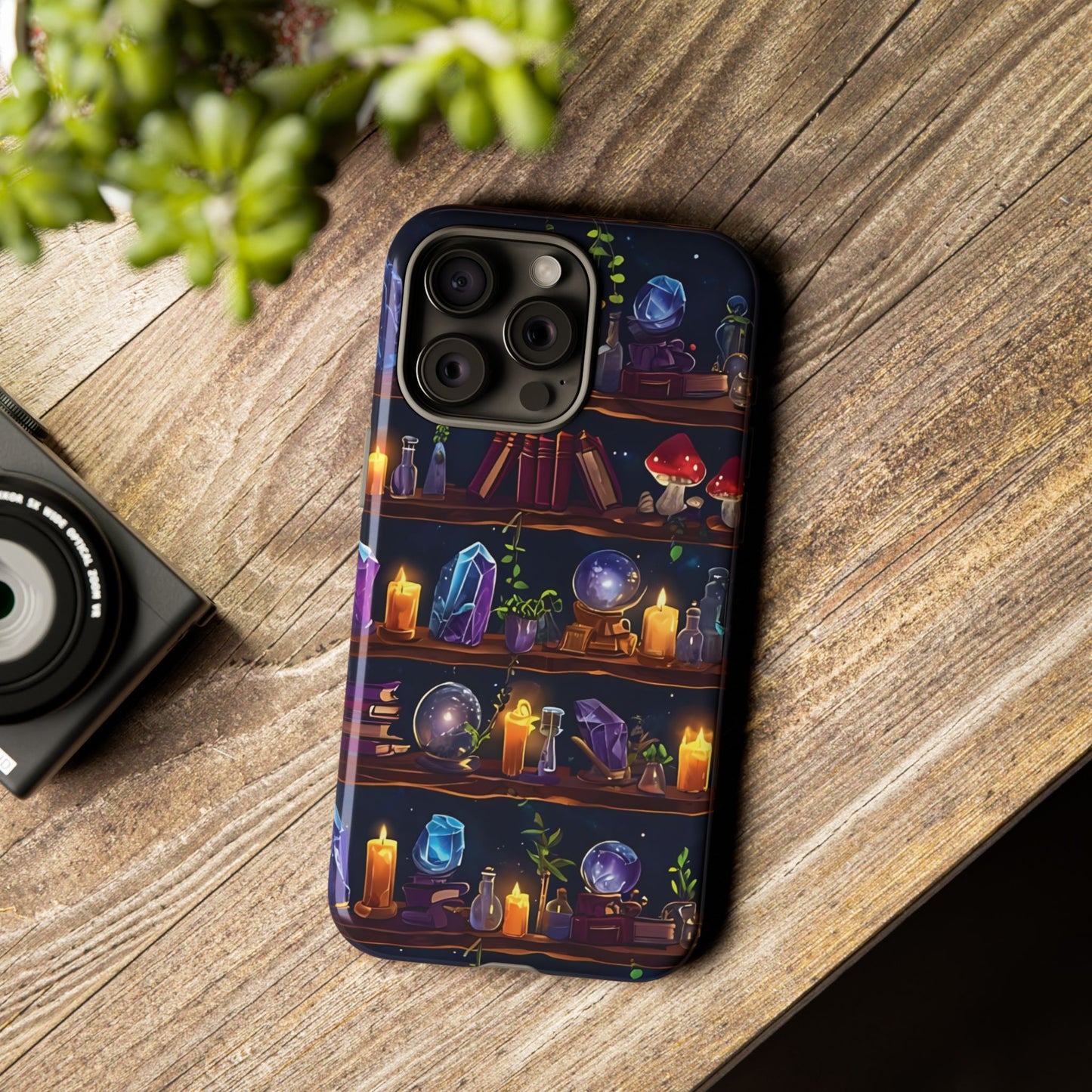 Fantasy Seamless Pattern Of Wooden Shelves Filled With Mystical Items phone case design.