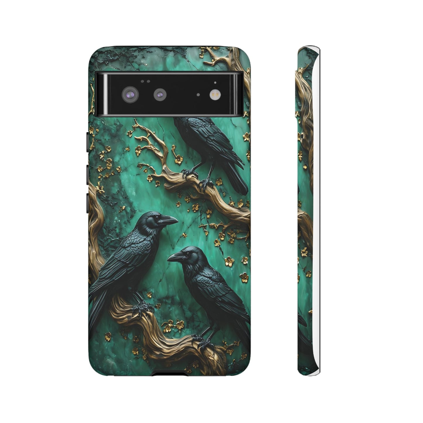 Three Black Ravens Perched On Gold-Accent Branches phone case design