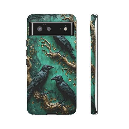 Three Black Ravens Perched On Gold-Accent Branches phone case design