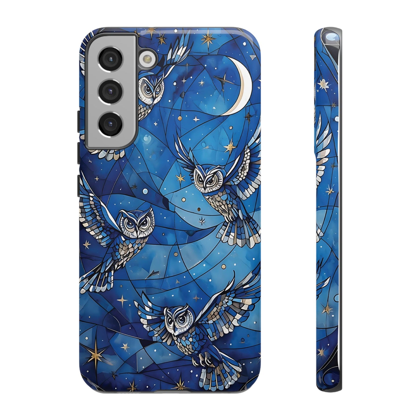 Surrealistic Owls Soaring Through A Celestial Night Sky phone case design.