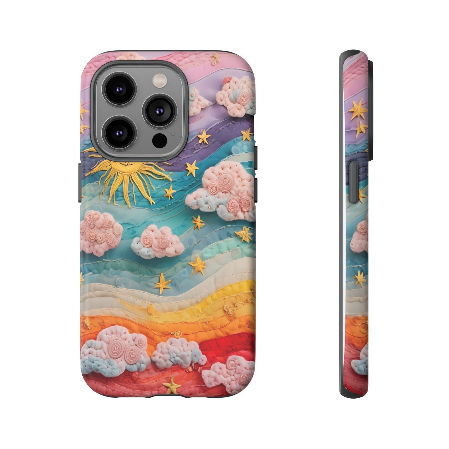 Whimsical Fiber Art Sky Scene With Dynamic Stripes And Clouds phone case design.