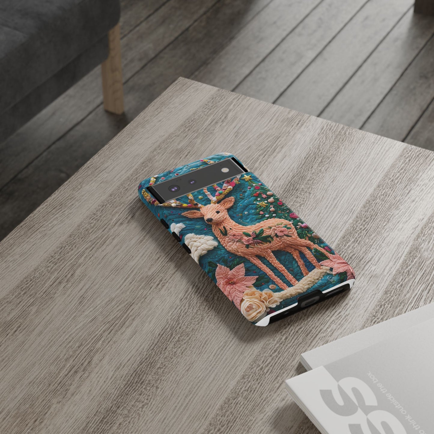 Whimsical Textile Art Featuring Intricate Peach-Colored Deer phone case design.