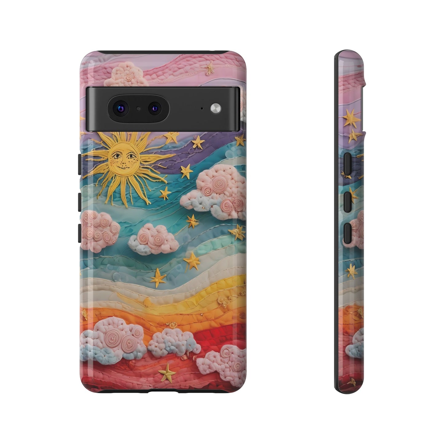 Whimsical Fiber Art Sky Scene With Dynamic Stripes And Clouds phone case design.