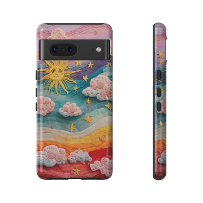 Whimsical Fiber Art Sky Scene With Dynamic Stripes And Clouds phone case design.