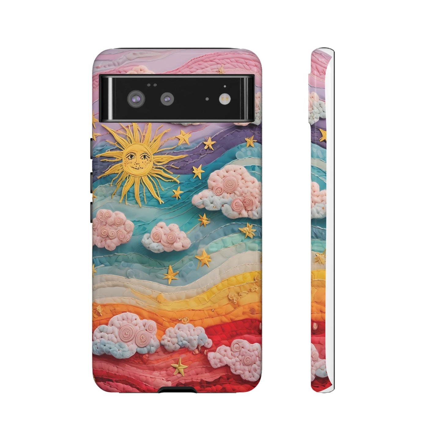 Whimsical Fiber Art Sky Scene With Dynamic Stripes And Clouds phone case design.
