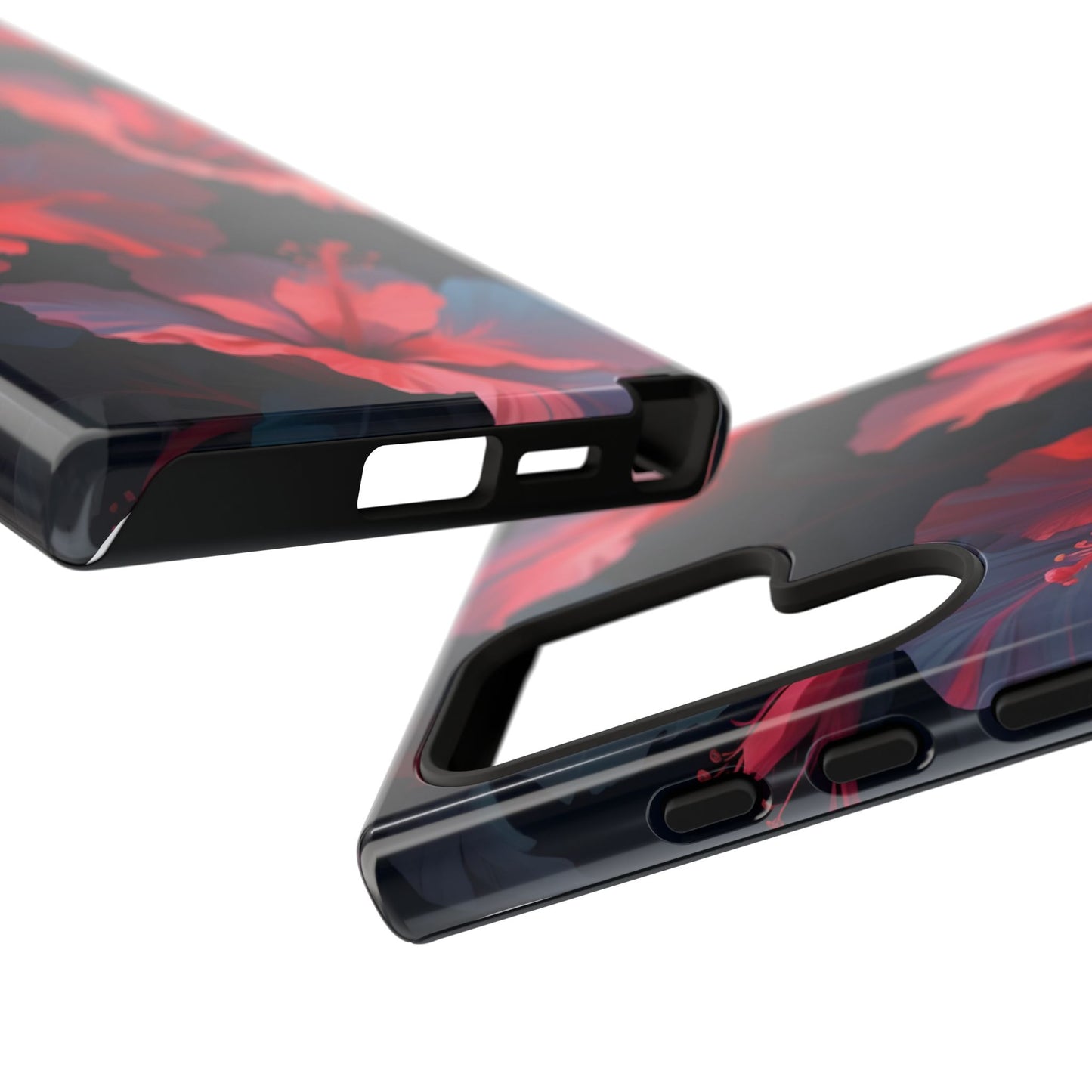 Vibrant red and pink hibiscus flowers blooming against a dark background| Floral phone case design