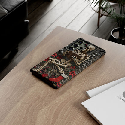 Surreal Relief Sculpture of Skeleton Reading Amidst Festive Decor phone case design