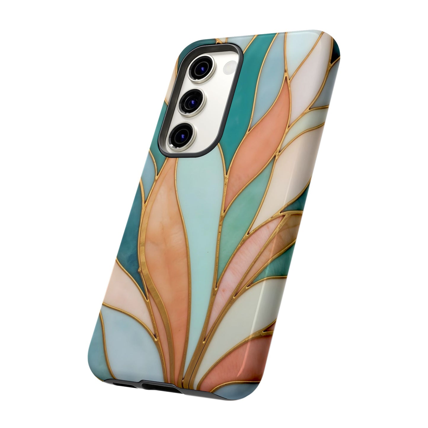 Geometric Leaves: Teal, Peach, and Gold Harmony