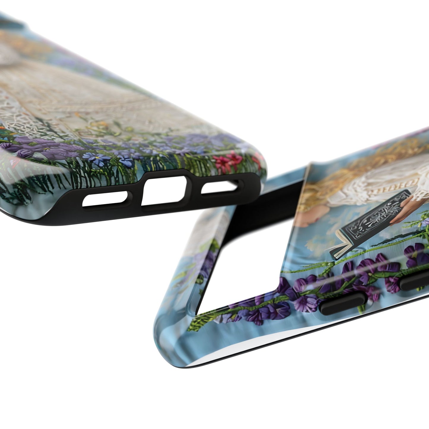 Whimsical Embroidery Of A Girl Reading In A Garden phone case design.