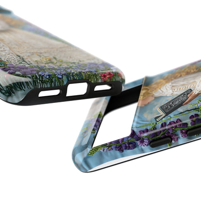 Whimsical Embroidery Of A Girl Reading In A Garden phone case design.