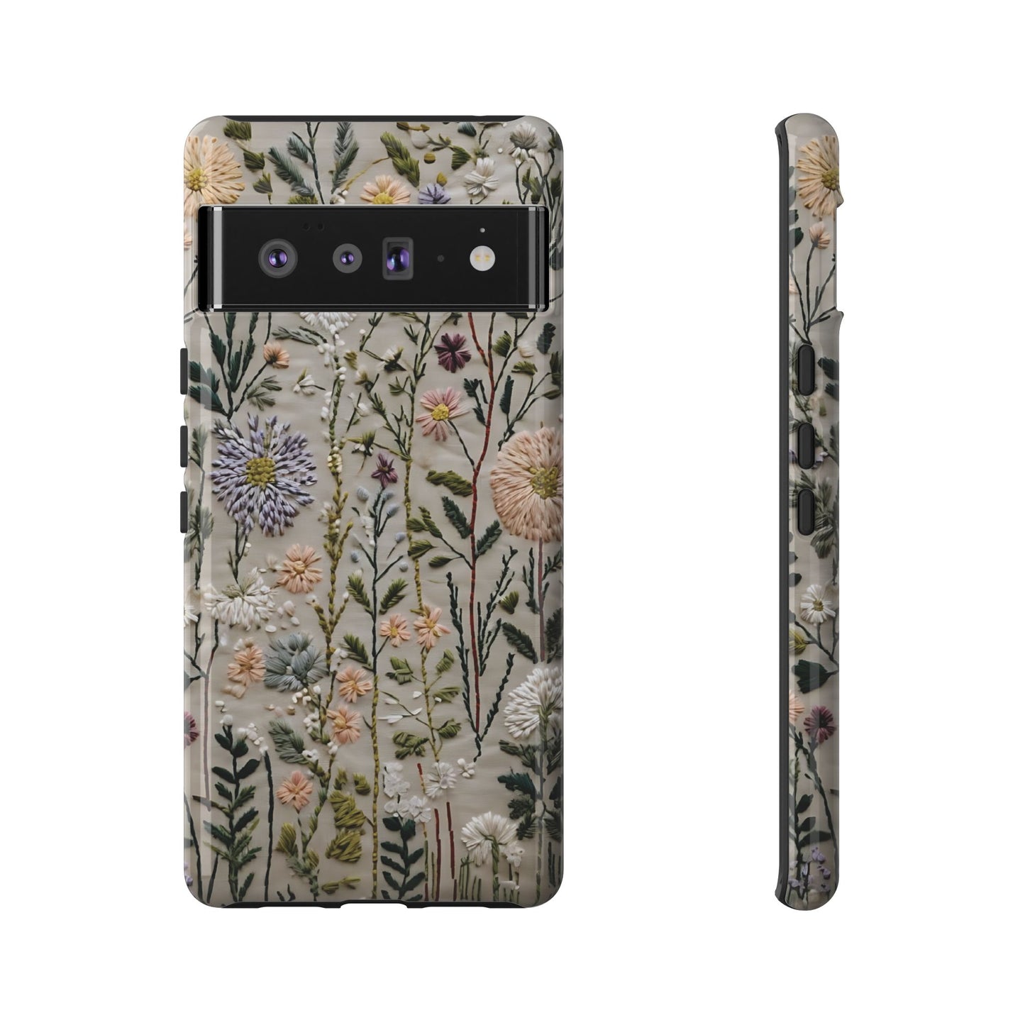 Intricate Embroidery Artwork Featuring Botanical Elements On Beige phone case design.