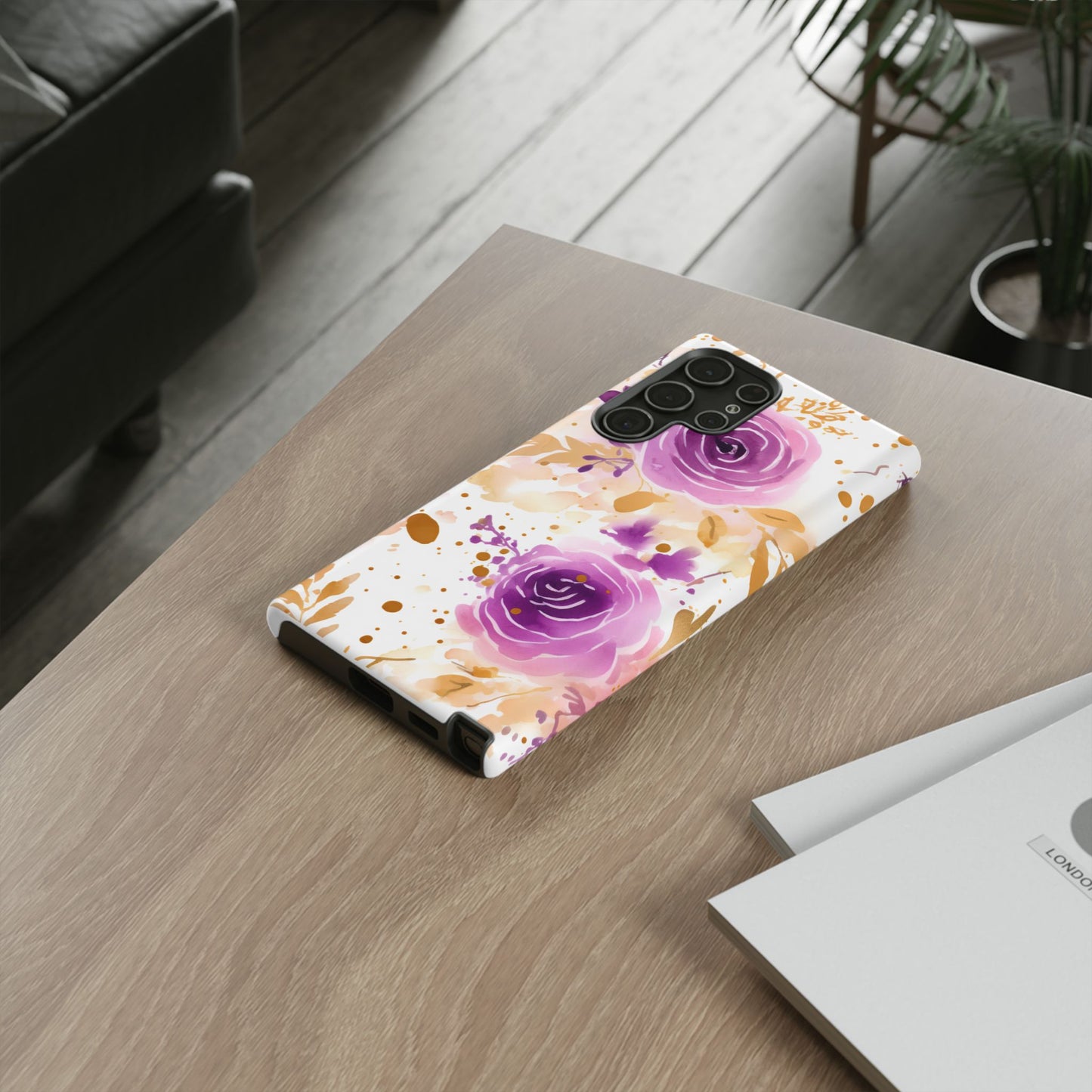 Purple Bloom Watercolor Mobile Case – Artistic Elegance in Gold & Lilac