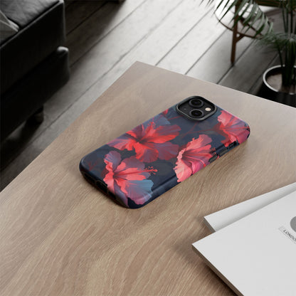 Vibrant red and pink hibiscus flowers blooming against a dark background| Floral phone case design
