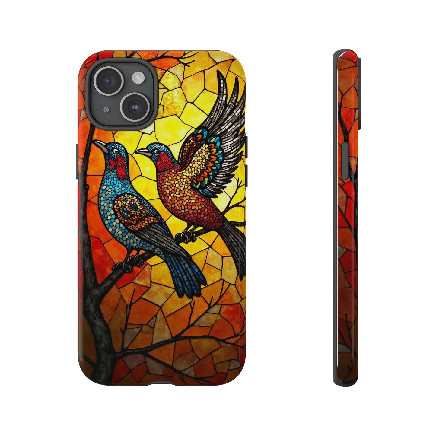 Vibrant Hummingbirds with Stained Glass Charm