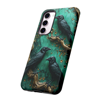 Three Black Ravens Perched On Gold-Accent Branches phone case design
