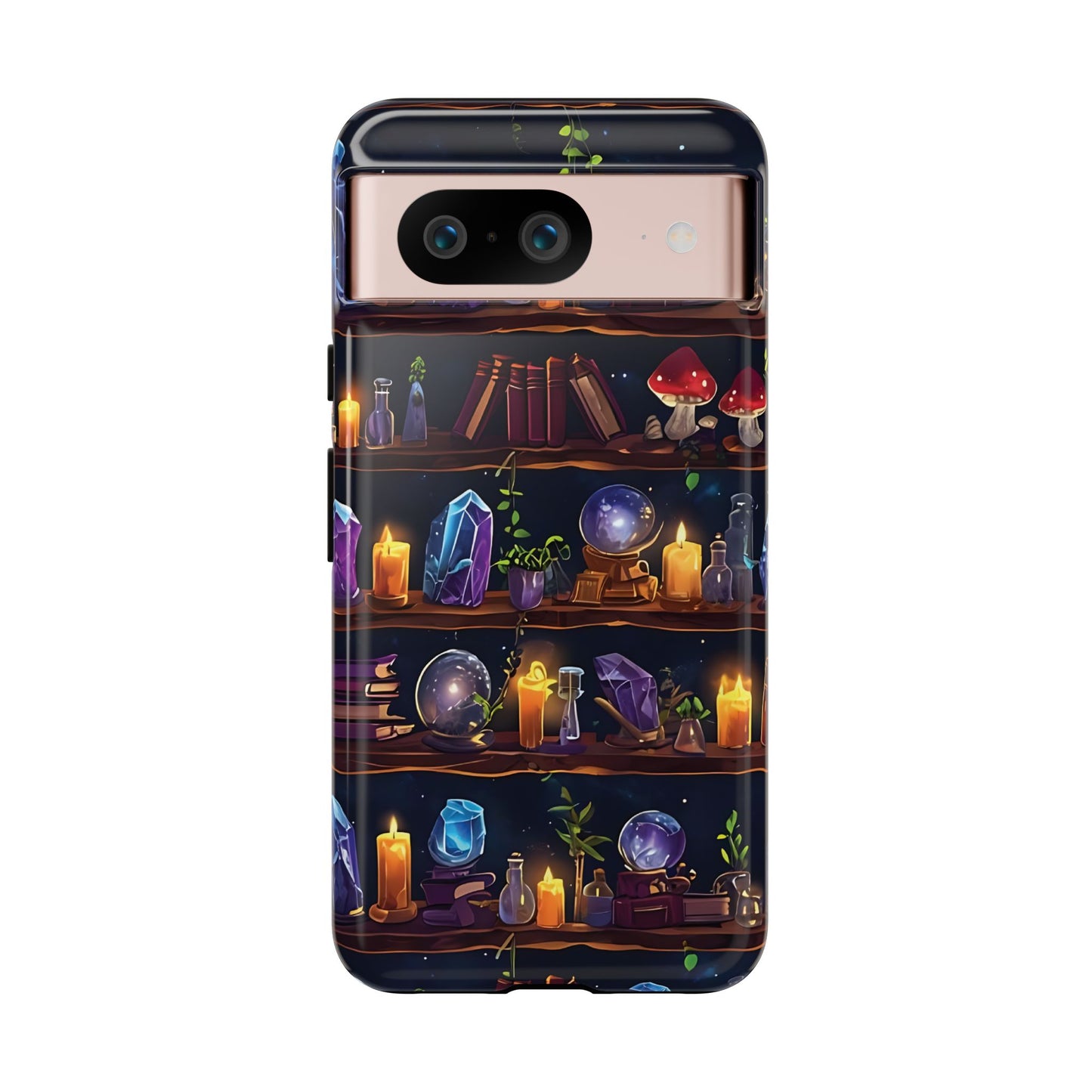 Fantasy Seamless Pattern Of Wooden Shelves Filled With Mystical Items phone case design.