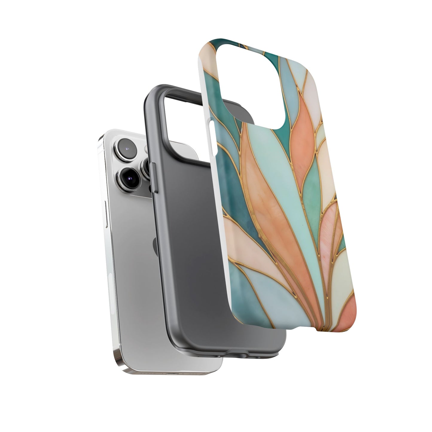 Geometric Leaves: Teal, Peach, and Gold Harmony