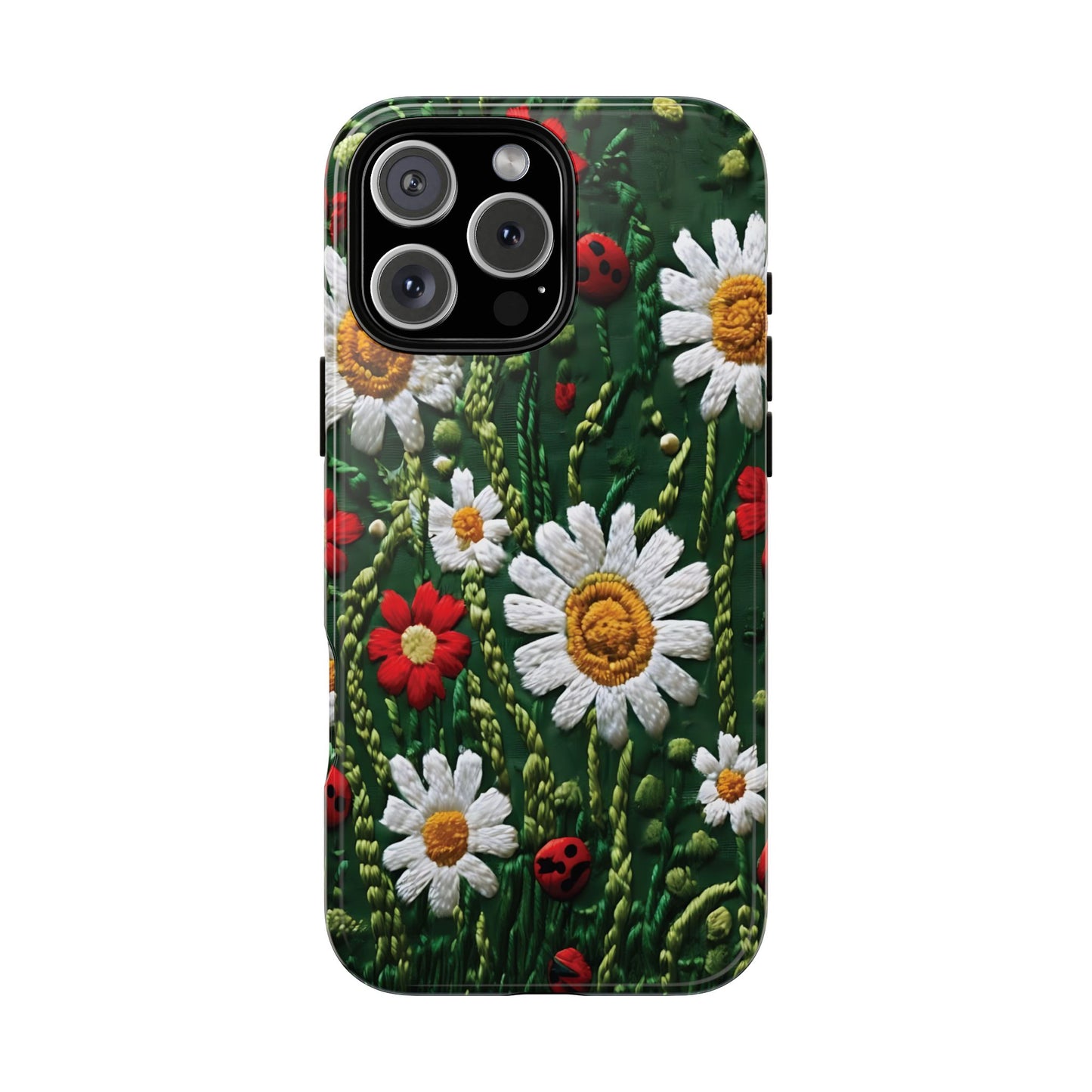 Intricate Embroidered Fabric Featuring Daisies And Ladybugs phone case design