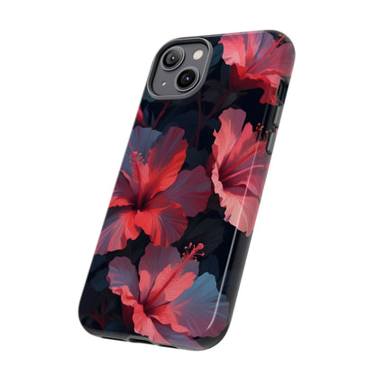 Vibrant red and pink hibiscus flowers blooming against a dark background| Floral phone case design