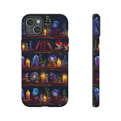 Fantasy Seamless Pattern Of Wooden Shelves Filled With Mystical Items phone case design.
