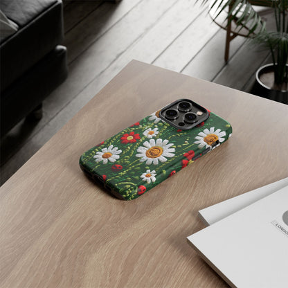 Intricate Embroidered Fabric Featuring Daisies And Ladybugs phone case design