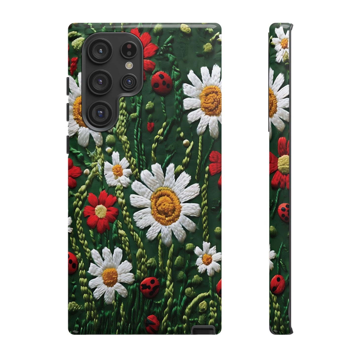 Intricate Embroidered Fabric Featuring Daisies And Ladybugs phone case design