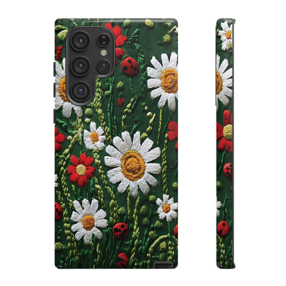 Intricate Embroidered Fabric Featuring Daisies And Ladybugs phone case design