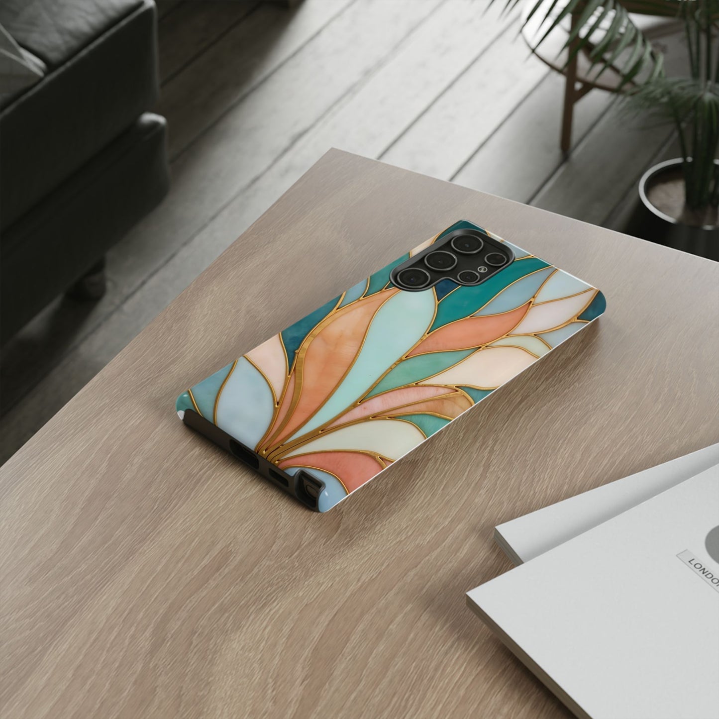 Geometric Leaves: Teal, Peach, and Gold Harmony