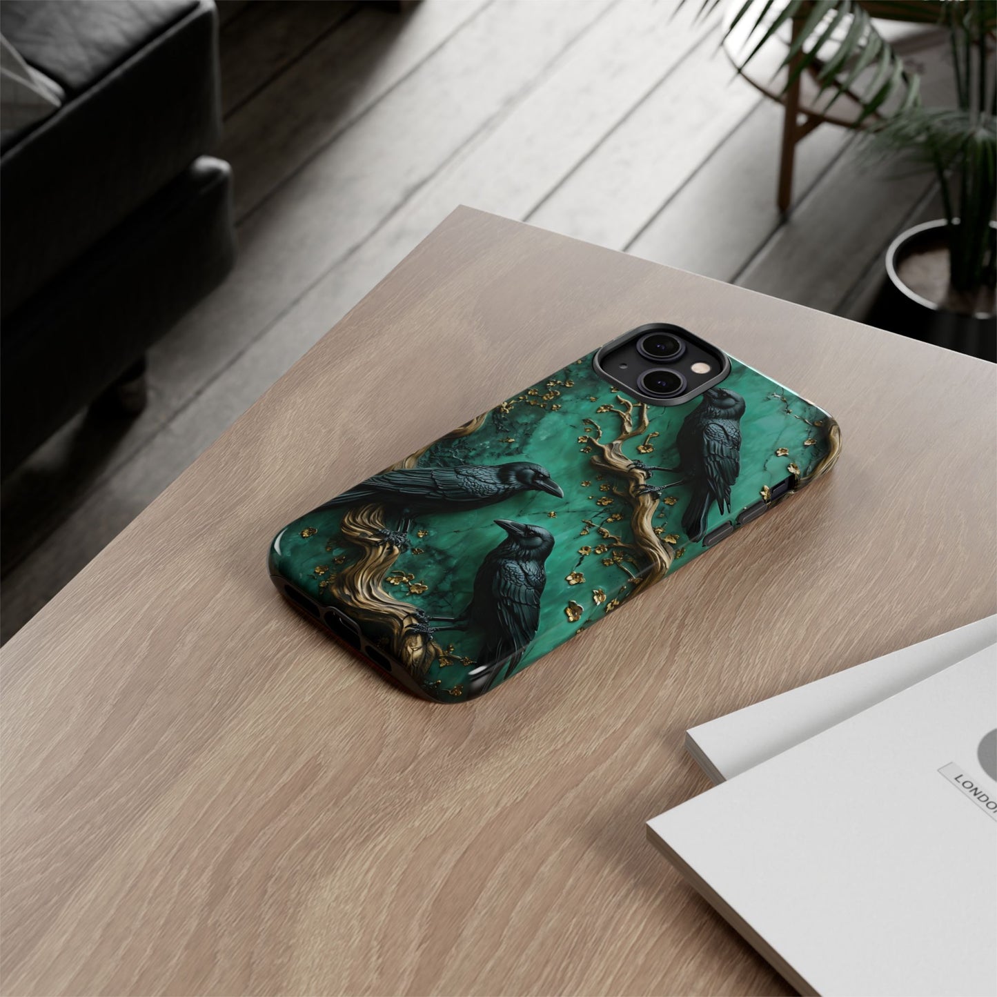 Three Black Ravens Perched On Gold-Accent Branches phone case design