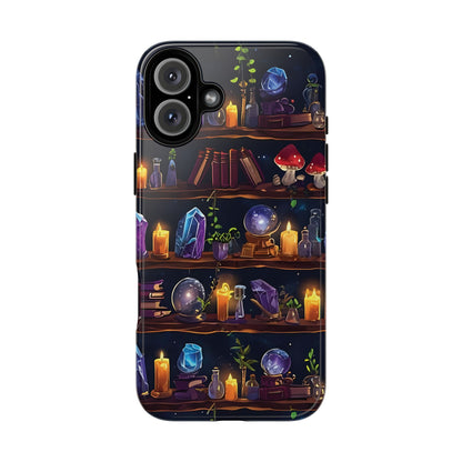 Fantasy Seamless Pattern Of Wooden Shelves Filled With Mystical Items phone case design.