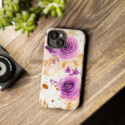 Purple Bloom Watercolor Mobile Case – Artistic Elegance in Gold & Lilac